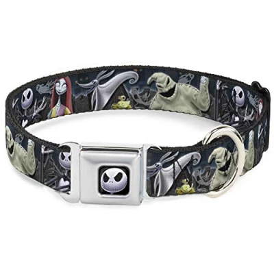 Image of Buckle Down Dog Collar Seatbelt Nightmare Before Christmas 4 Character Group Cemetery Scene, Multicolor, 1.5&quot; Wide Fits 18 32&quot; Neck Large (DC WDY256 WL)