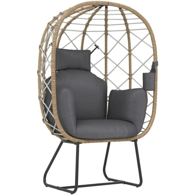 Image of Outsunny Rattan Egg Chair Outdoor Indoor Wicker with Thickened Cushion and Headrest, Standing Garden Cup Holder, Metal Frame for Patio, Balcony, Brown