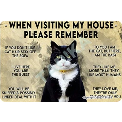 Image of When Visiting My House Please Remember Love Cat Rules 20X30 CM Iron Retro Look Decoration Crafts Sign for Home Kitchen Bathroom Farm Garden Garage Inspirational Quotes Wall Decor