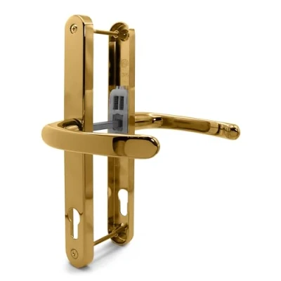 Image of TSS Polished Brass UPVC Door Handle Pair Set, 92mm PZ (Centres), Sprung, Lever Lever, 240mm Screw to (Screw centres), Backplate 270mm x 32mm Replacement PVC in
