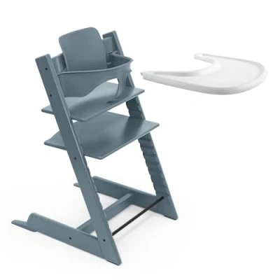 Image of Stokke Tripp Trapp High Chair (Fjord Blue) with Tray (White) Includes Chair, Baby Set 2 for Children 6 36 Months and Adjustable, Ergonomic &amp; Easy to Clean