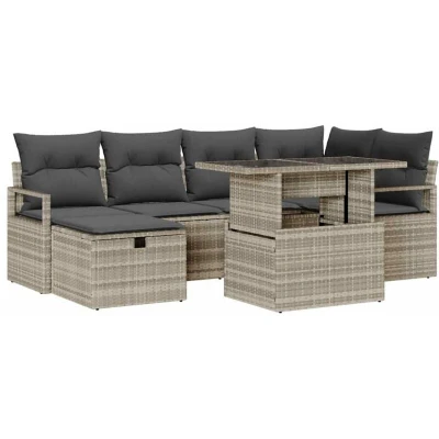 Image of vidaXL 7 Piece Garden Sofa Set with Cushions Light Grey Poly Rattan