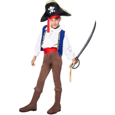 Image of Funidelia Colourful Pirate Costume for boy Corsair, Buccaneer kids accessory fancy dress &amp; props Halloween, carnival parties Size 7 9 years Blue