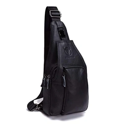 Image of BULLCAPTAIN Men&#039;s Leather Chest Bag Shoulder Bags Crossbody Sports Business Travel Black, M, Strap, strap