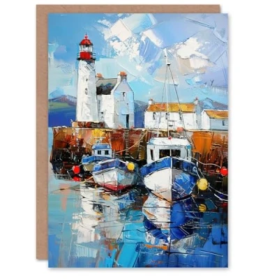 Image of Artery8 Scottish Harbour Oil Painting Lighthouse Rustic Greeting Birthday Card Him Her All Blank