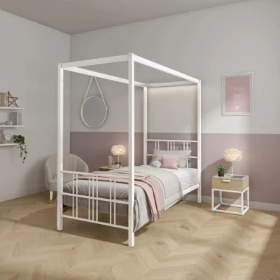 Image of X Rocker FERN Four Poster Bed with LED Lighting, Single 3ft Bedstead, Metal Canopy Frame, Sturdy 4 Frame Headboard and Dimmable 3 Light Settings XR LIVING WHITE