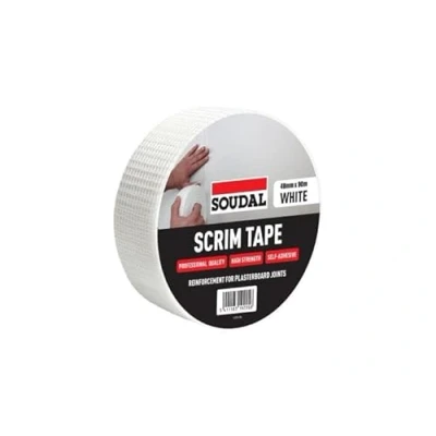 Image of Soudal Professional Plasterboard Drywall Fiberglass Mesh Jointing Scrim Tape High Strength Self Adhesive Sealing Tap White 48mm x 90m For Reinforce Joint Repair, Filling Cracks, Patching Holes