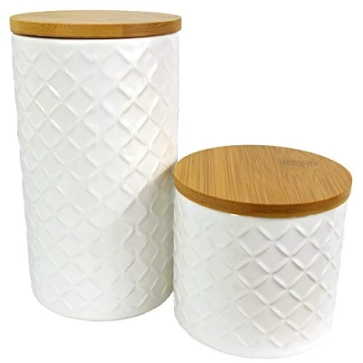 Image of Leaf Ceramic Storage Jars Kitchen Canisters with Lids, Mixed Materials, Cream, 10cm/18cm