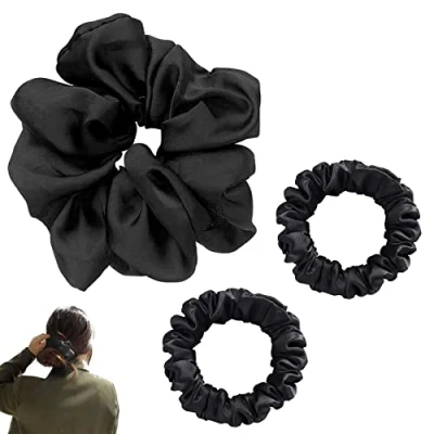 Image of JeoPoom Silk Hair Rope[3 Pieces], 11cm and 6cm Rope, Regular Donut Ties, Scrunchies for Women, Girls, Ladies(Black)