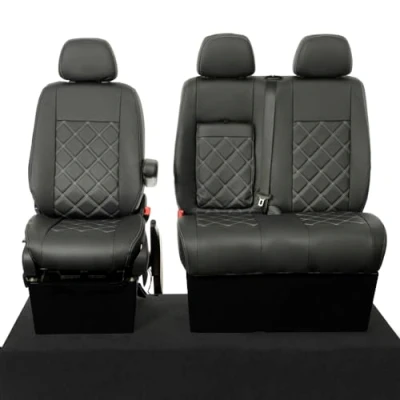 Image of UK Custom Covers To Fit Mercedes Sprinter (2006 2018) Front Seat Leatherette Bentley Stitch Tailored (Black) SC234B