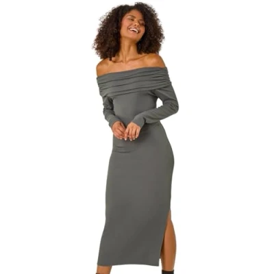 Image of Dusk Womens Off The Shoulder Stretch Bardot Midi Dress Grey Size 14 UK
