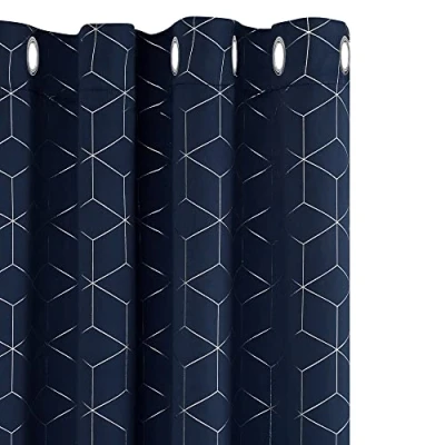 Image of Deconovo Blackout Curtains 90 Inch Drop, Eyelet Curtains, Diamond Foil Printed Thermal Insulated for Bedroom Livingroom, 52 x Inch(Width Length), Navy Blue, One Pair
