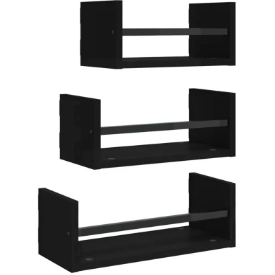 Image of vidaXL 3 Piece Wall Shelf Set with Bars Black Engineered wood