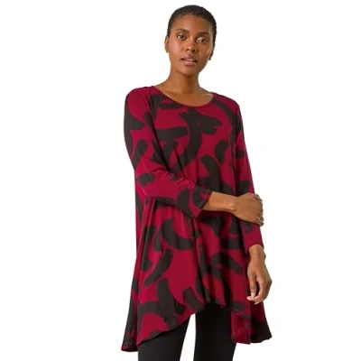 Image of Roman Womens Brush Print Hanky Hem Top Red Size 10 UK
