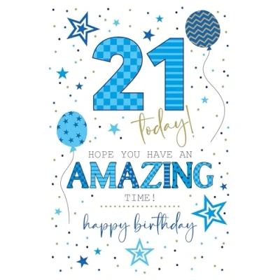 Image of Cherry Orchard 21st Birthday Card Balloons, Stars &amp; Dots Gold Foil Embossed Finish