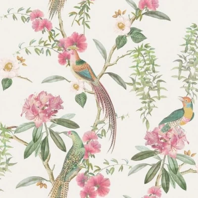 Image of Exotic Garden Pink Green Wallpaper Floral Flowers Leaves Tropical Birds Theme Trendy Stylish Feature Wall Bedroom Romantic Room Decoration Vintage Arthouse 924907