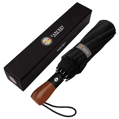 Image of MIKAFEN Umbrella Windproof with Wood Handle Travel and Automatic Compact for Men Woman 10 Ribs Fiberglass Rain Protect（Black）