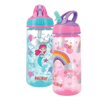 Image of Nuby 2 Pack Iridescent PP Flip it Kids On The Go Printed Water Bottle with Bite Proof Hard Straw 18oz / 540 ml, 18+ Months, pk, Mermaid &amp; Rainbow Print