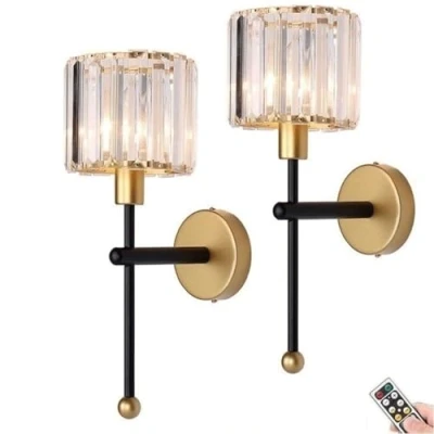 Image of Non Hardwired Wall Sconces Battery Operated Lights set of 2, Wireless Glass Lighting Fixture with Remote &amp; Rechargeable Bulbs, No Wires Lamp for Living Room Bedroom Bathroom Porch Corridor (