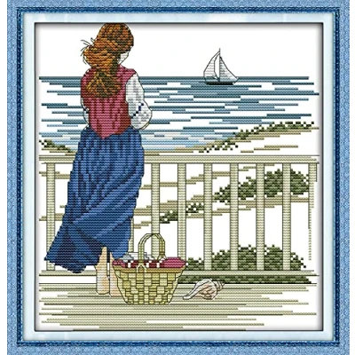 Image of Cross Stitch Kits Stamped, OWN4B Watching The Sea Printed Pattern 11CT 12.6x13.4 inch DIY Embroidery Kit (Girl)
