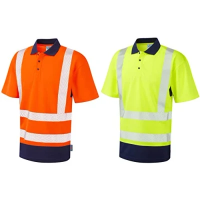 Image of Leo Workwear Mortehoe Mens Polo Shirt Hi Vis Dual Colour Coolviz Plus Ventilated Work Shirt, XXX Large, Orange/Navy