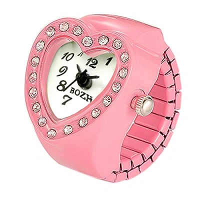 Image of JewelryWe Men Women Finger Watch Heart Shape Rhinestone Quartz Analog Ring Watches, Adjustable Size