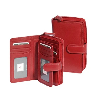 Image of Womens Soft RED Leather Purse Clutch Zip Around Cards ID Coins Banknotes Boxed Aspen