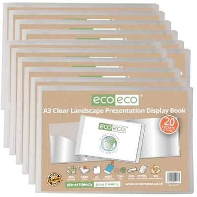 Image of eco A3 50% Recycled 20 Pocket Clear Landscape Presentation Display Book, Storage Case Portfolio Art Folder with Plastic Sleeves, Pack of 12, eco176x12
