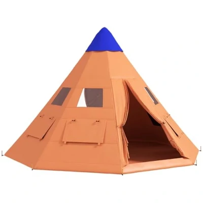 Image of Outsunny 6 Men Tipi Tent, Camping Tent with Mesh Windows, Sewn in Floor, Two Doors and Carry Bag, Easy Set Up, for Hiking Picnics Outdoor Night, Orange