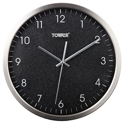 Image of Tower T878503BLK Glitz Wall Clock, Glass Front, Battery Operated, Noir, 30 cm
