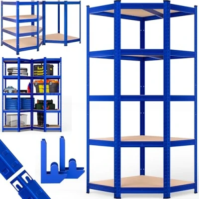 Image of Monzana® Corner Shelving Unit Heavy Duty Steel Construction Adjustable Shelves Rubber Protectors Space Saving Design Easy Assembly Garage, Workshop, Basement Organiser Blue