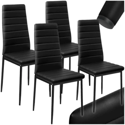 Image of TecTake® Set of 4 Dining Chairs in Modern Design with Faux Leather Covers, Chair Slim Steel Legs, Soft Padding &amp; High Backrests, Ideal as Room Kitchen Black