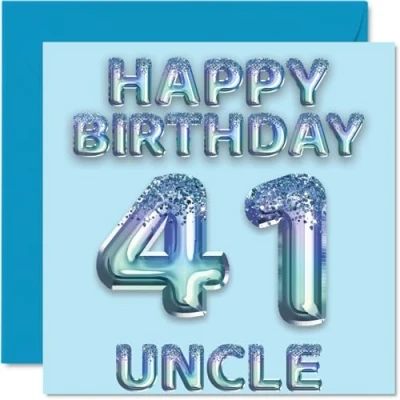Image of 41st Birthday Card for Uncle Blue Glitter Party Balloons Happy Cards 41 Year Old from Nephew Niece, 145mm x Bday Greeting Gift