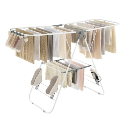 Image of SONGMICS Clothes Airer, Foldable Drying Rack, Horse with Height Adjustable Wings, Free Standing Laundry Indoor and Outdoor Use, Steel, White Grey LLR502G01