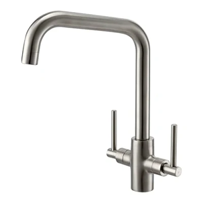 Image of Brushed Steel Kitchen Tap Peppermint Dual Lever Mixer Taps 1 Hole Nickel Sink Monobloc Square for