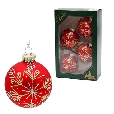 Image of Lauschaer Christmas Tree Decorations Set of 4 Baubles in Red Matt Hand Decorated with Glitter Decoration Gold and Silver Crowns Diameter Approx. 10 cm