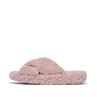 Image of Fitflop Women&#039;s iQUSHION D Luxe Padded Teddy Cross Slides Sandal, Pink, 5 UK