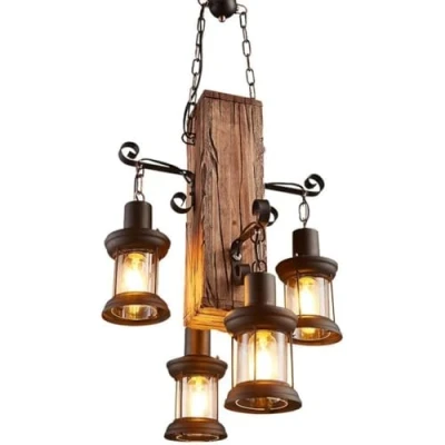 Image of E27 Retro Pendant Light Wood Hanging Lighting Vintage Industrial Creative Antique Loft lights Personality Dining Chandelier Adjustable Height Iron Glass Living Room Bar Lamp