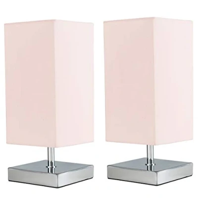 Image of Pair of Modern Square Polished Chrome Touch Table Lamps with a Pink Shade
