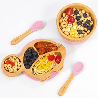 Image of Vinsani Bamboo Turtle Plate Bowl and Spoon Set for Baby Toddler Kids Children, Suction Plate, Stay Put Non Slip Base Design, Hypoallergenic, Food Grade Silicone BPA Free Feeding (Pink)