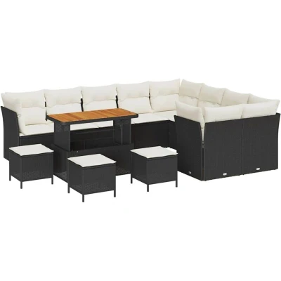 Image of vidaXL 13 Piece Garden Sofa Set with Cushions Black Poly Rattan Acacia