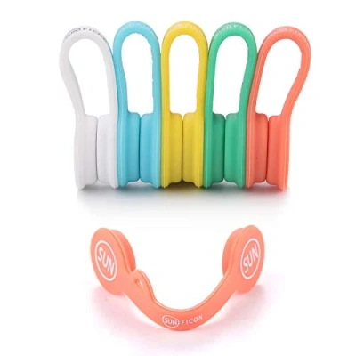 Image of SUNFICON 5 Pack Magnetic Cable Clips Organisers Earbuds Cord Bookmark Whiteboard Noticeboard Fridge Magnets Keychain Headphone USB Charging Manager Keeper Wrap Twist Ties Strap,
