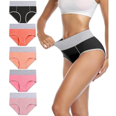 Image of wirarpa Underwear Women High Waist Cotton Knickers Ladies Panties Full Coverage Briefs Underpants Plus Size Multicolour 5 Pack XXL