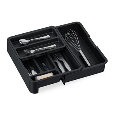Image of Relaxdays Cutlery Tray, Extendable, 7 Compartments, 6.5 x 23.5 40 31.5 cm, Kitchen Drawer Insert, Plastic, Black, cm