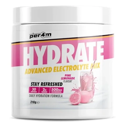 Image of Per4m Hydrate Electrolyte Mix Powder Contains 500mg Cocomineral Replenish Essential Electrolytes Aiding Muscle Function, Cardiovascular Health, Neurological Support 210g (Pink Lemonade)