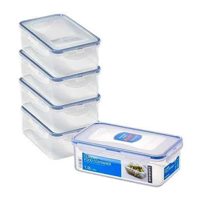 Image of LocknLock Rectangular Food Containers with Lids Set of 5 Plastic Airtight &amp; Watertight Storage Containers, BPA Free Dishwasher Safe, x 1L