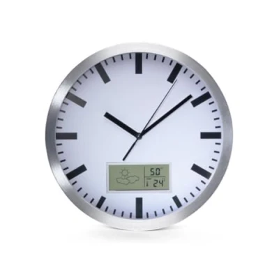 Image of Perel Aluminium LCD Wall Clock with Thermometer, Hygrometer and Forecast, Diameter, Silver/White, Ø 25 cm