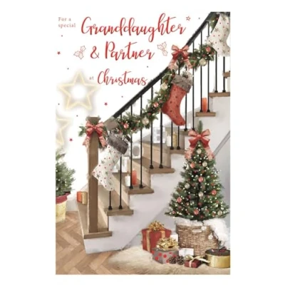 Image of ICG Special Granddaughter and Partner Christmas Card Tree Staircase Embossed with Foil Flitter Details
