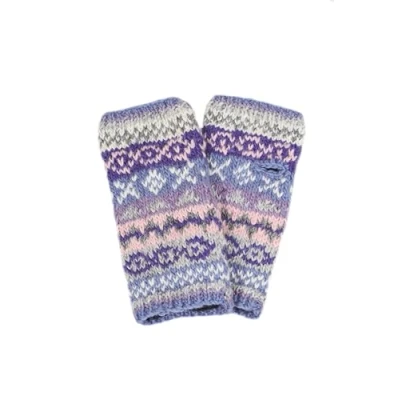 Image of Pachamama Women Wool Hand Warmers Fleece Lined Handknitted Fairisle Pattern Multicoloured One Size Handmade Extra Warm Fair Trade (Violet, Size)