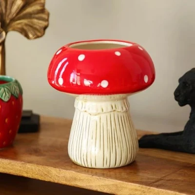 Image of Fyne Finds Ceramic Red &amp; White Toadstool Planter 16cm, 6inch Mushroom Glazed Herb Plant Pot Cover Indoor Decorative